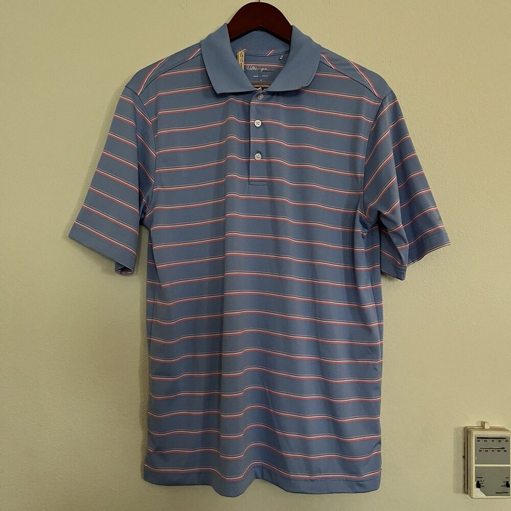 Walter Hagen Short Sleeve Collar Button Polo Shirt Mens Blue Pink Stripes SZ M